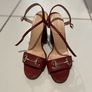 Gucci Shoes Gucci Horsebit Red Leather Ankle Strap Block High Heel Sandals